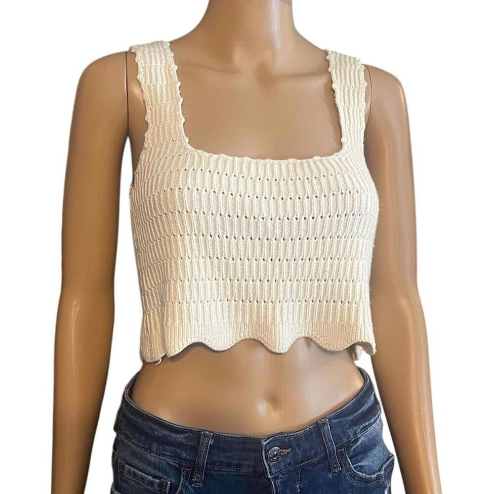 Bohme Beige Crochet Crop Top Scallop Edge Square Neck S - Picture 2 of 6